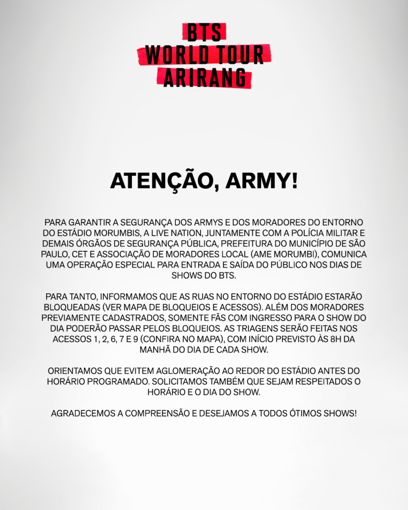 BTS terá bloqueios no entorno do MorumBIS em dias de shows
