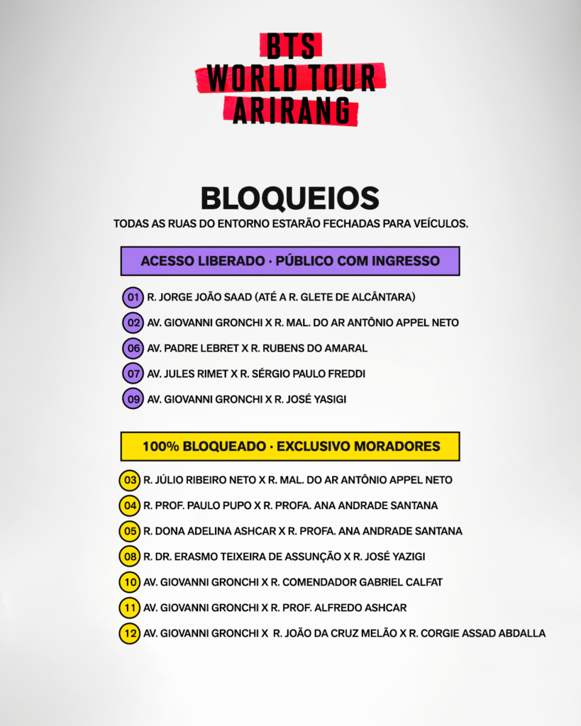 BTS terá bloqueios no entorno do MorumBIS em dias de shows